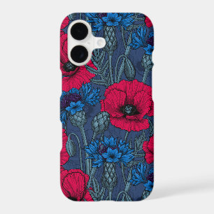 Red poppies and blue cornflowers on blue iPhone 17 case
