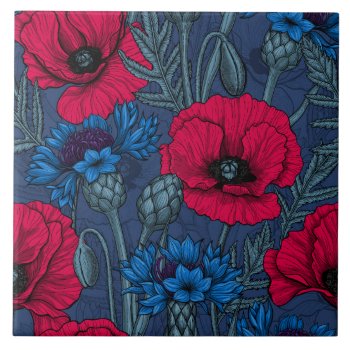 Red Poppies And Blue Cornflowers On Blue Ceramic Tile by katstore at Zazzle