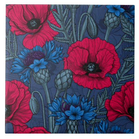 Red Poppies And Blue Cornflowers On Blue Ceramic Tile
