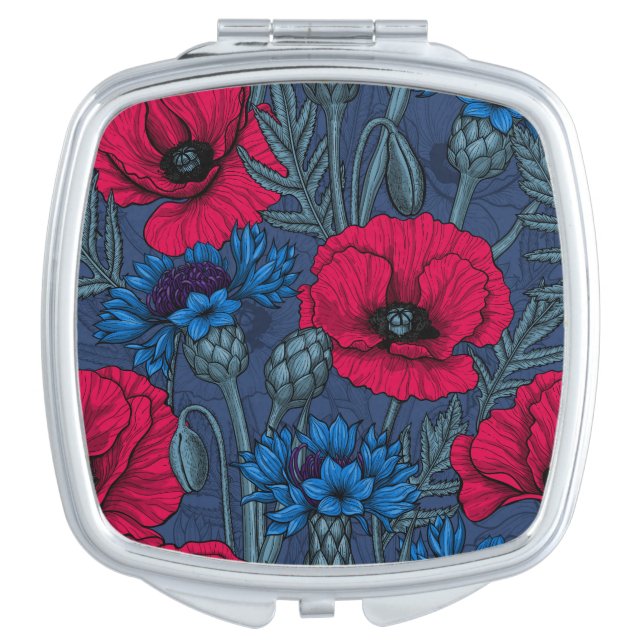 Red poppies and blue cornflowers on blue compact mirror (Front)