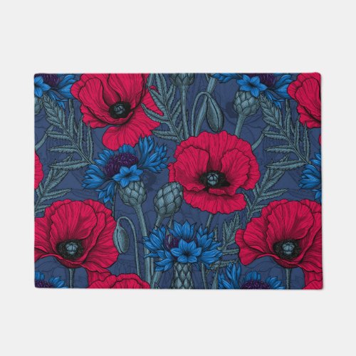 Red poppies and blue cornflowers on blue doormat