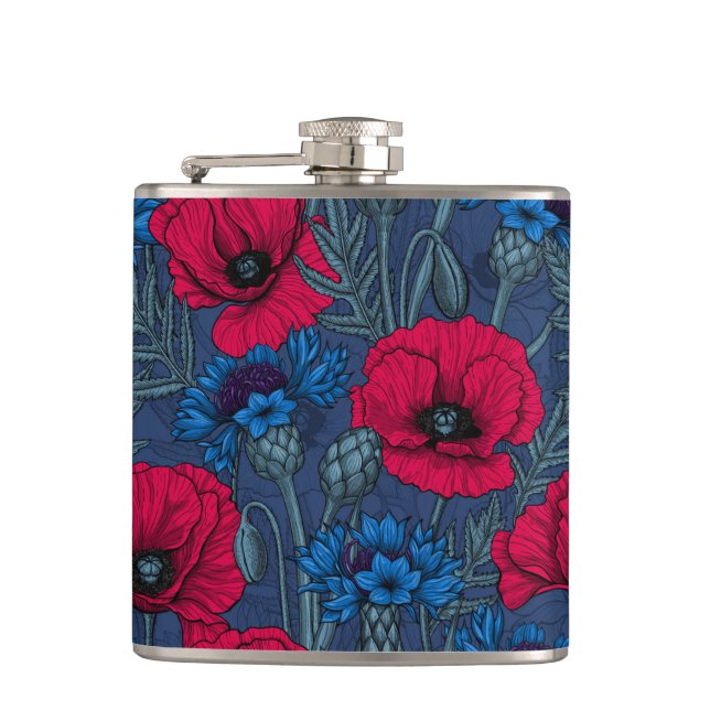 Red poppies and blue cornflowers on blue flask (Front)