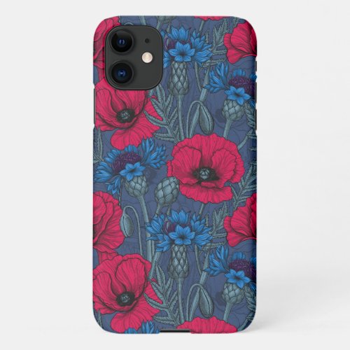 Red poppies and blue cornflowers on blue iPhone 11 case
