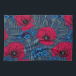 Red poppies and blue cornflowers on blue kitchen towel<br><div class="desc">Hand drawn vector pattern with red poppy flowers and blue cornflowers</div>