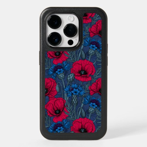 Red poppies and blue cornflowers on blue OtterBox iPhone 14 pro case