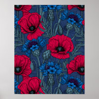 Red poppies and blue cornflowers on blue
