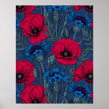 Red Poppies And Blue Cornflowers On Blue Poster by katstore at Zazzle