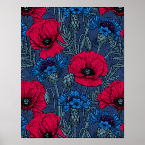 Red poppies and blue cornflowers on blue poster