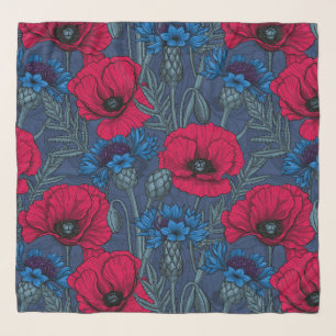Red poppies and blue cornflowers on blue scarf
