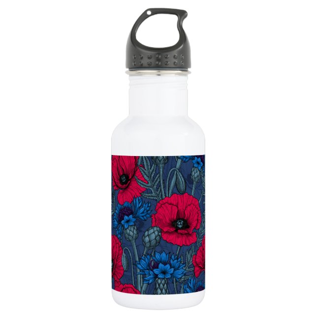 Red poppies and blue cornflowers on blue stainless steel water bottle (Front)