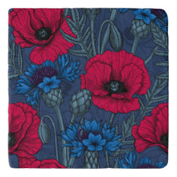 Red poppies and blue cornflowers on blue trivet