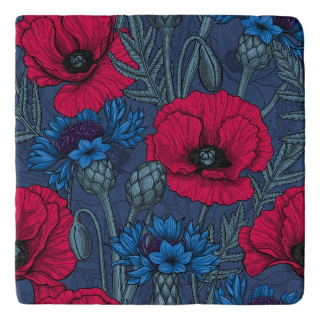 Red poppies and blue cornflowers on blue trivet (Front)