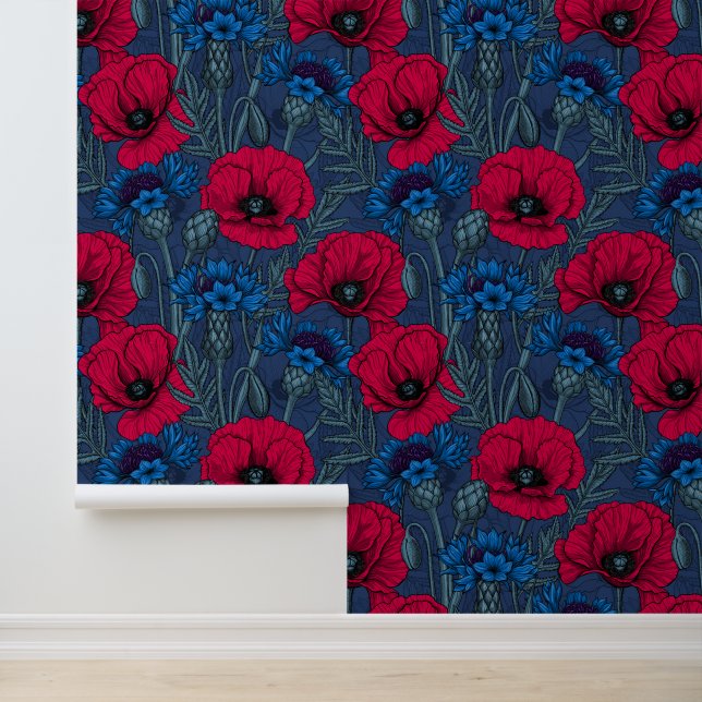 Red poppies and blue cornflowers on blue wallpaper  (Application)