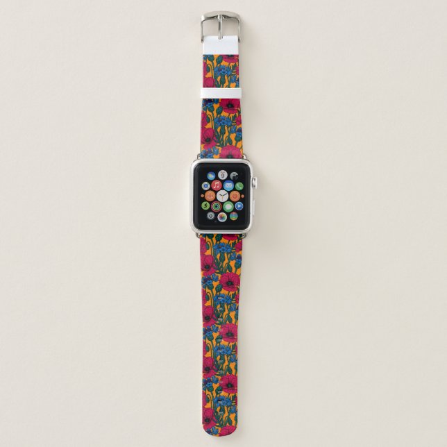 Red poppies and blue cornflowers on orange apple watch band (Front)