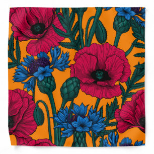 Red poppies and blue cornflowers on orange bandana