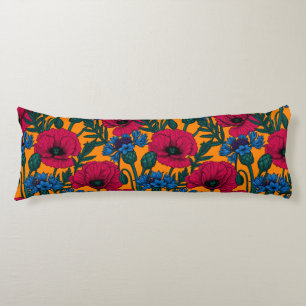 Red poppies and blue cornflowers on orange body pillow