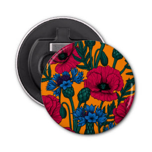 Red poppies and blue cornflowers on orange bottle opener