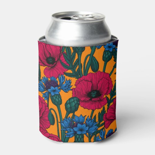 Red poppies and blue cornflowers on orange can cooler