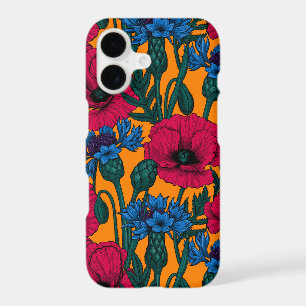 Red poppies and blue cornflowers on orange iPhone 17 case
