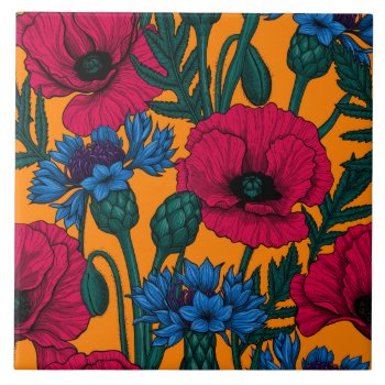 Red Poppies And Blue Cornflowers On Orange Ceramic Tile by katstore at Zazzle