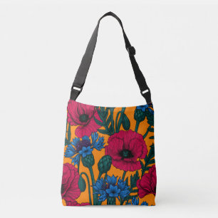 Red poppies and blue cornflowers on orange crossbody bag