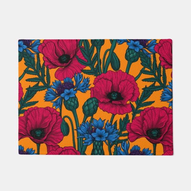 Red poppies and blue cornflowers on orange doormat (Front)