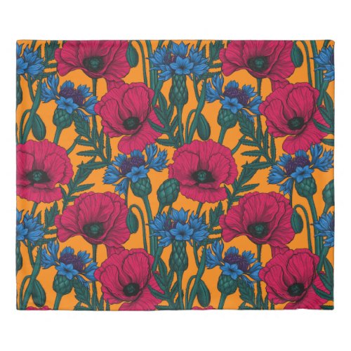 Red poppies and blue cornflowers on orange duvet cover