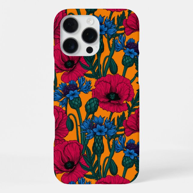 Red poppies and blue cornflowers on orange iPhone case (Back)