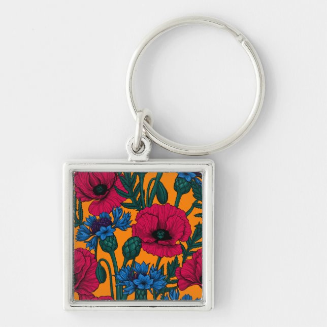 Red poppies and blue cornflowers on orange keychain (Front)