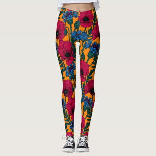 Red poppies and blue cornflowers on orange leggings