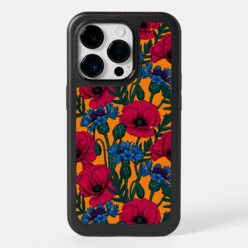 Red poppies and blue cornflowers on orange OtterBox iPhone 14 pro case