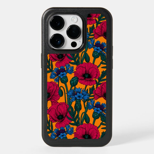 Red poppies and blue cornflowers on orange otterbox iPhone case (Back)