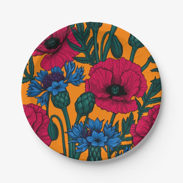 Red poppies and blue cornflowers on orange paper plates (Front)