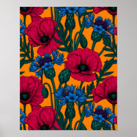 Red poppies and blue cornflowers on orange