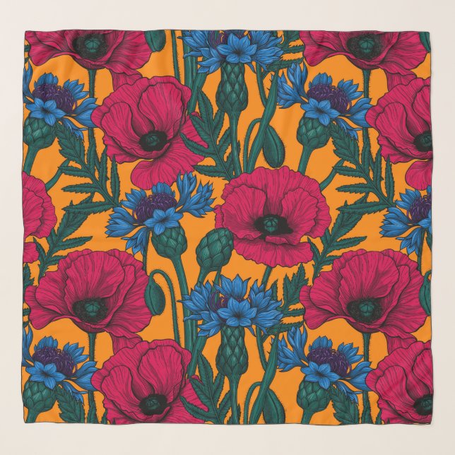 Red poppies and blue cornflowers on orange scarf (Front)