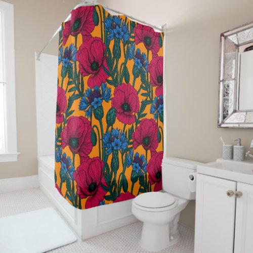 Red poppies and blue cornflowers on orange shower curtain