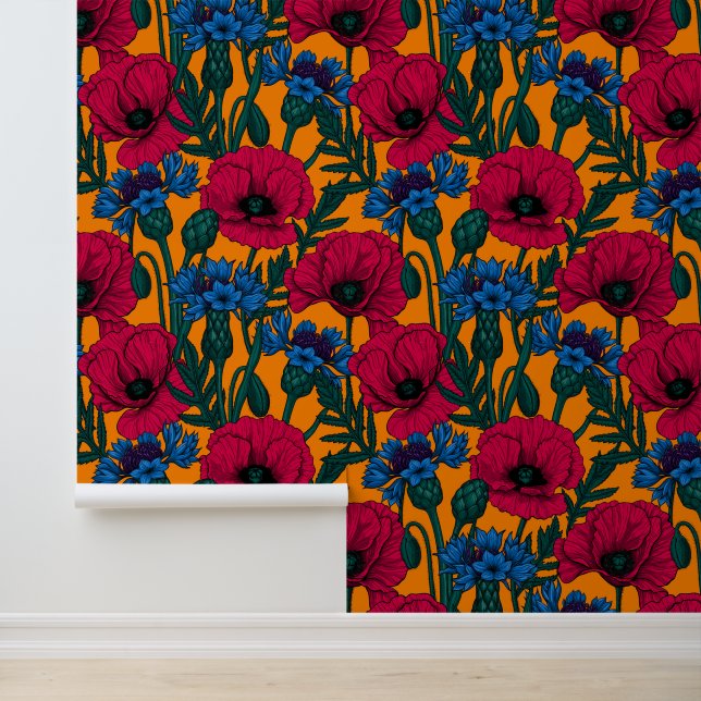 Red poppies and blue cornflowers on orange wallpaper  (Application)