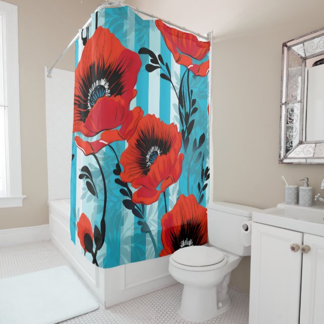 Red Poppies and blue stripes Shower Curtain (In Situ)