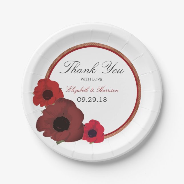 Red Poppies and Burlap Wedding Paper Plates (Front)