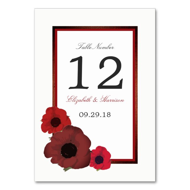 Red Poppies and Burlap Wedding Table No. Table Number (Front)