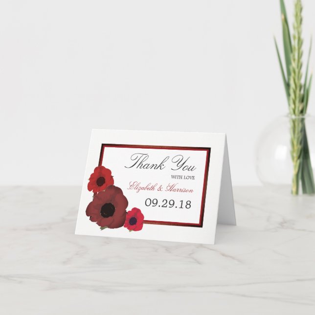 Red Poppies and Burlap Wedding Thank You Card (Front)