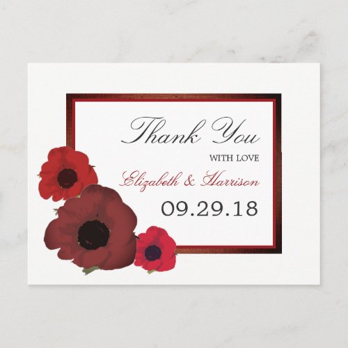 Red Poppies and Burlap Wedding Thank You Postcard