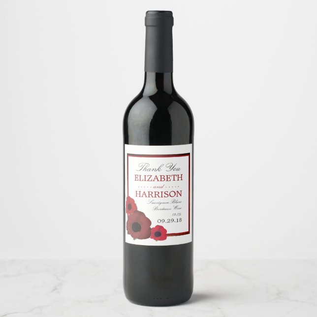 Red Poppies and Burlap Wedding Wine Label (Front)