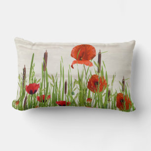 red poppies and cattails lumbar pillow