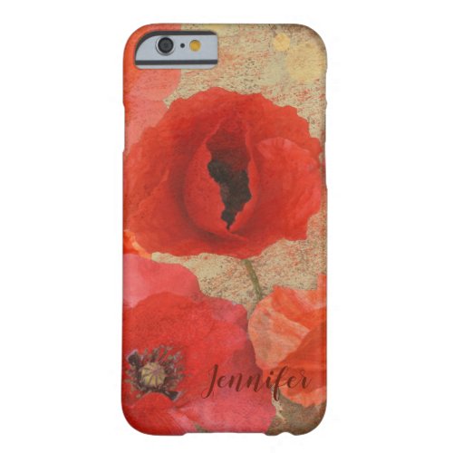 Red poppies and custom name barely there iPhone 6 case