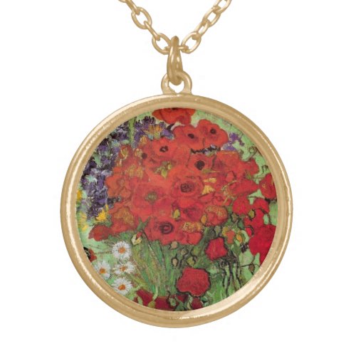 Red Poppies and Daisies by Vincent van Gogh Gold Plated Necklace