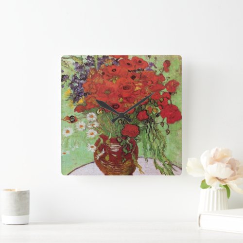 Red Poppies and Daisies By Vincent Van Gogh  Square Wall Clock