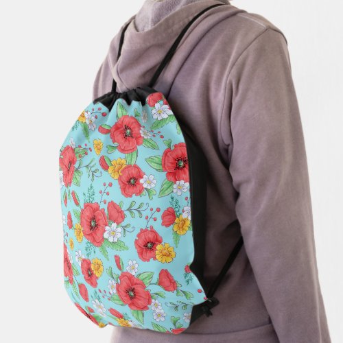 Red poppies and daisies modern floral pattern drawstring bag