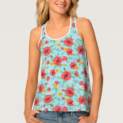 Red poppies and daisies modern floral pattern tank top