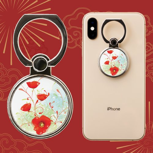 Red Poppies and Flourishes Illustration Phone Ring Stand